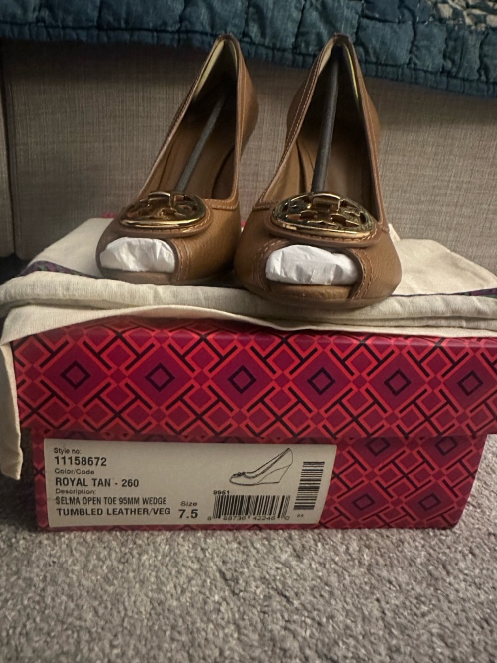 Tory Burch Royal Tan Open Toe Wedge with Gold Logo
